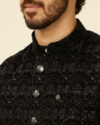 Manyavar Men Kohl Black Scallop Shell Patterned Nehru Jacket