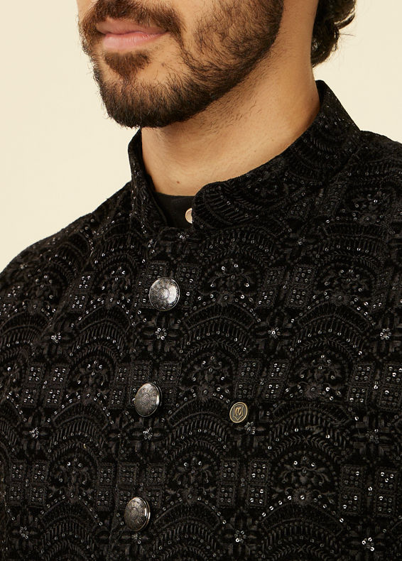 Manyavar Men Kohl Black Scallop Shell Patterned Nehru Jacket