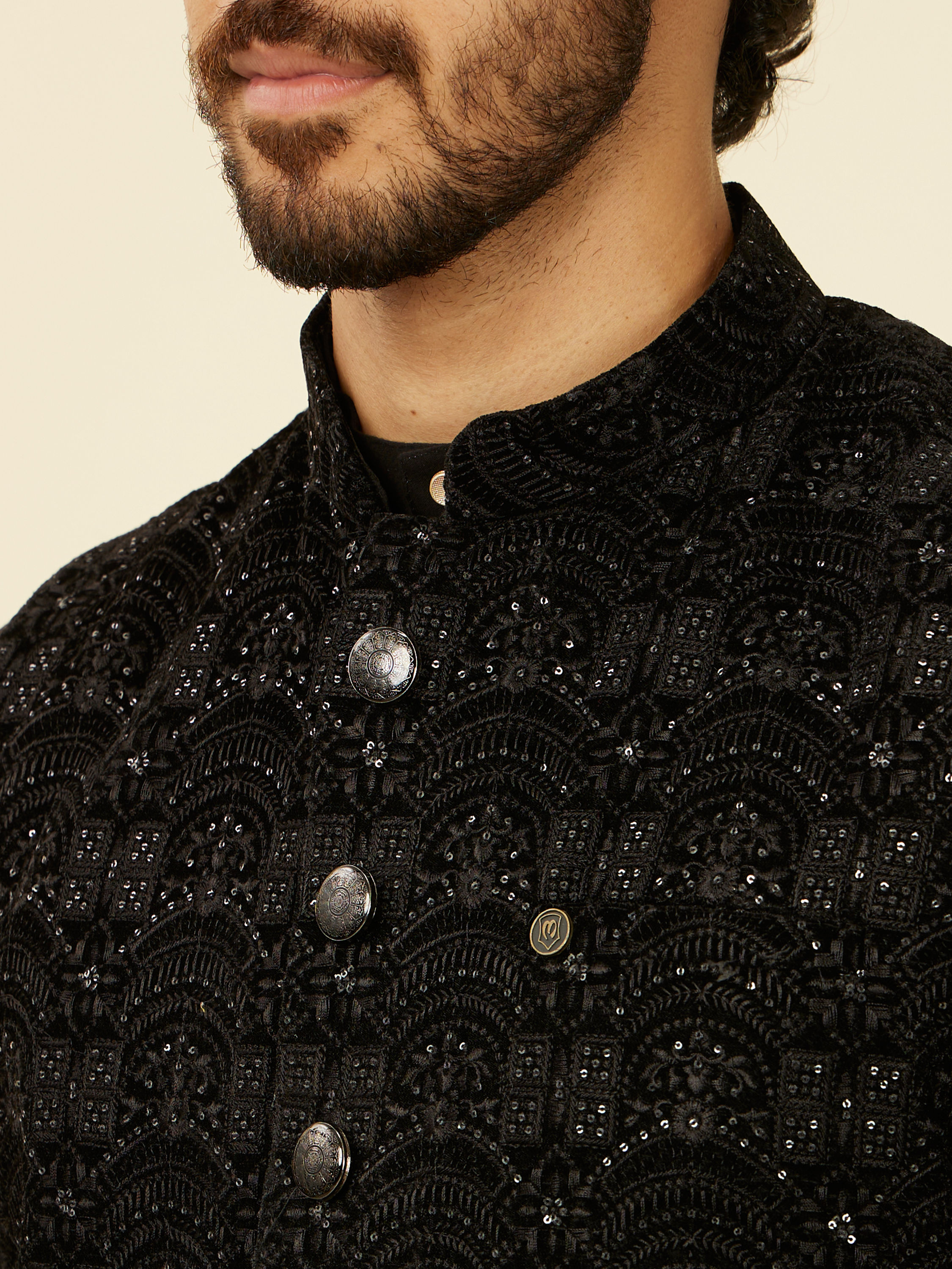 Manyavar Men Kohl Black Scallop Shell Patterned Nehru Jacket