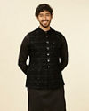 alt message - Manyavar Men Kohl Black Scallop Shell Patterned Nehru Jacket image number 0