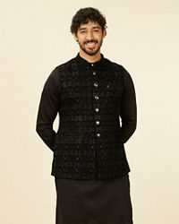 Manyavar Men Kohl Black Scallop Shell Patterned Nehru Jacket