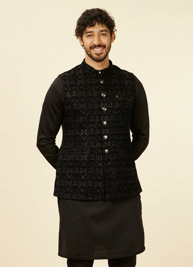 alt message - Manyavar Men Kohl Black Scallop Shell Patterned Nehru Jacket image number 0