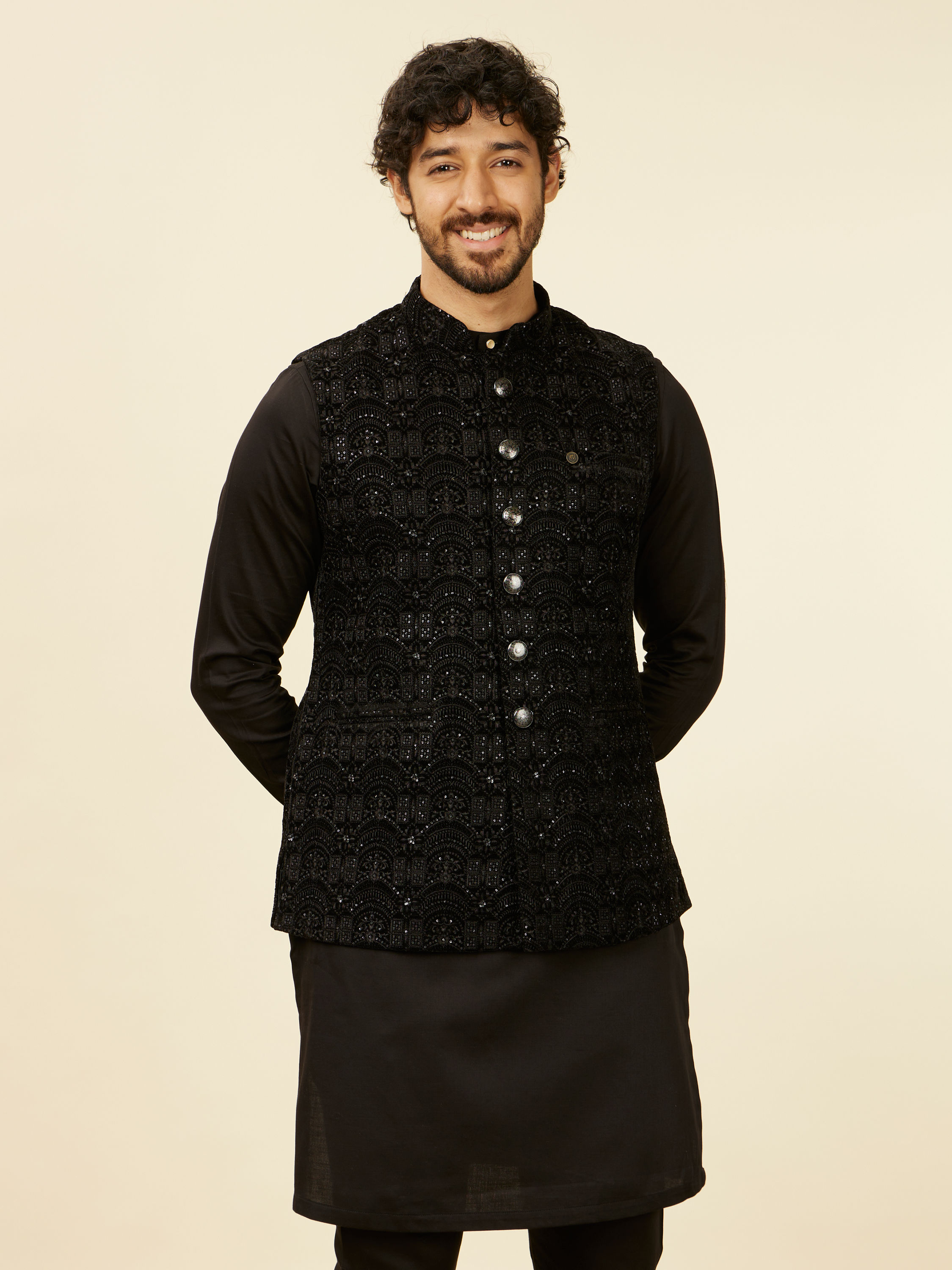 Manyavar Men Kohl Black Scallop Shell Patterned Nehru Jacket