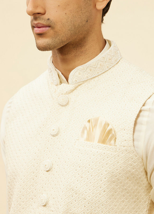 alt message - Manyavar Men Light Beige Sequined Jacket image number 1