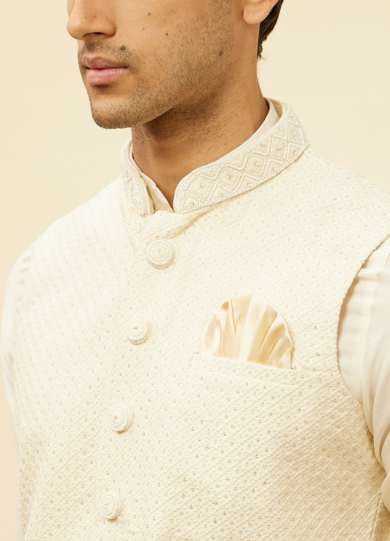 Manyavar Men Light Beige Sequined Jacket