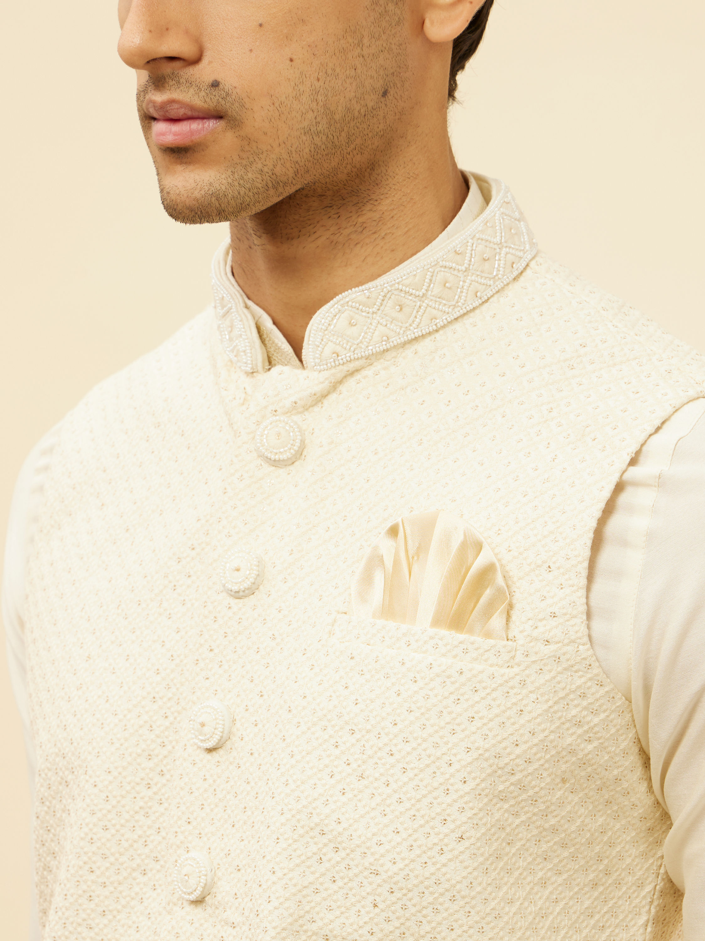 Manyavar Men Light Beige Sequined Jacket