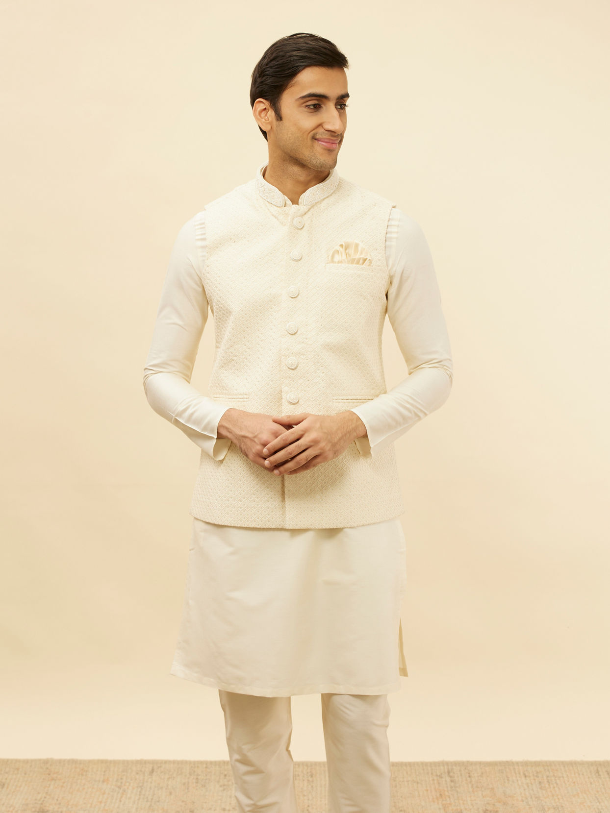 alt message - Manyavar Men Light Beige Sequined Jacket image number 0