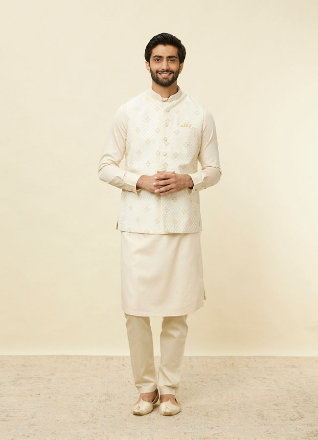Manyavar Men Sand Beige Argyle Patterned Jacket