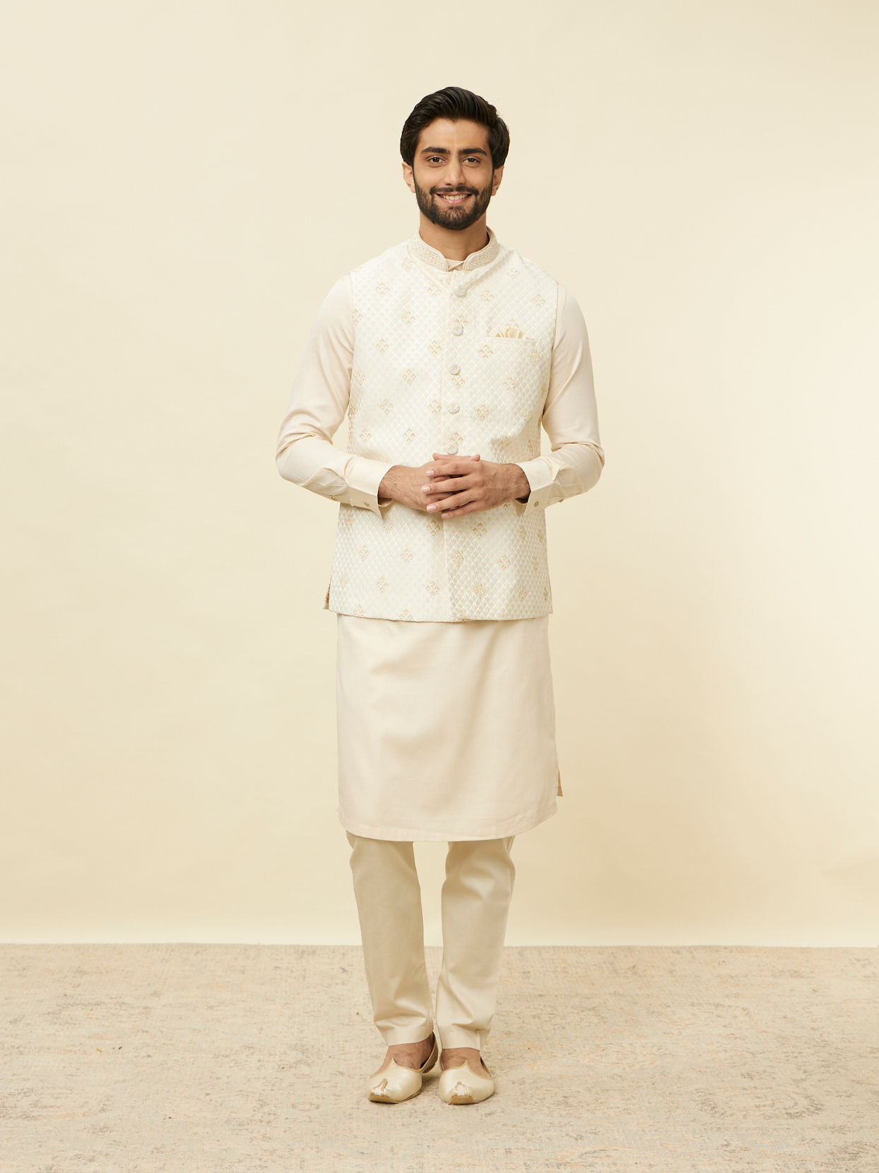 alt message - Manyavar Men Sand Beige Argyle Patterned Jacket image number 2