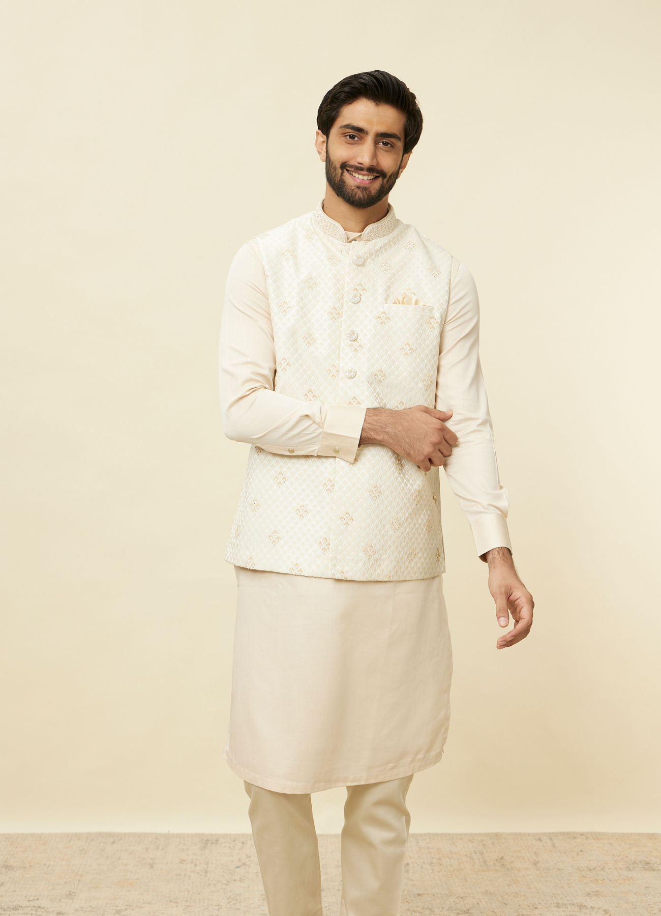 Manyavar Men Sand Beige Argyle Patterned Jacket