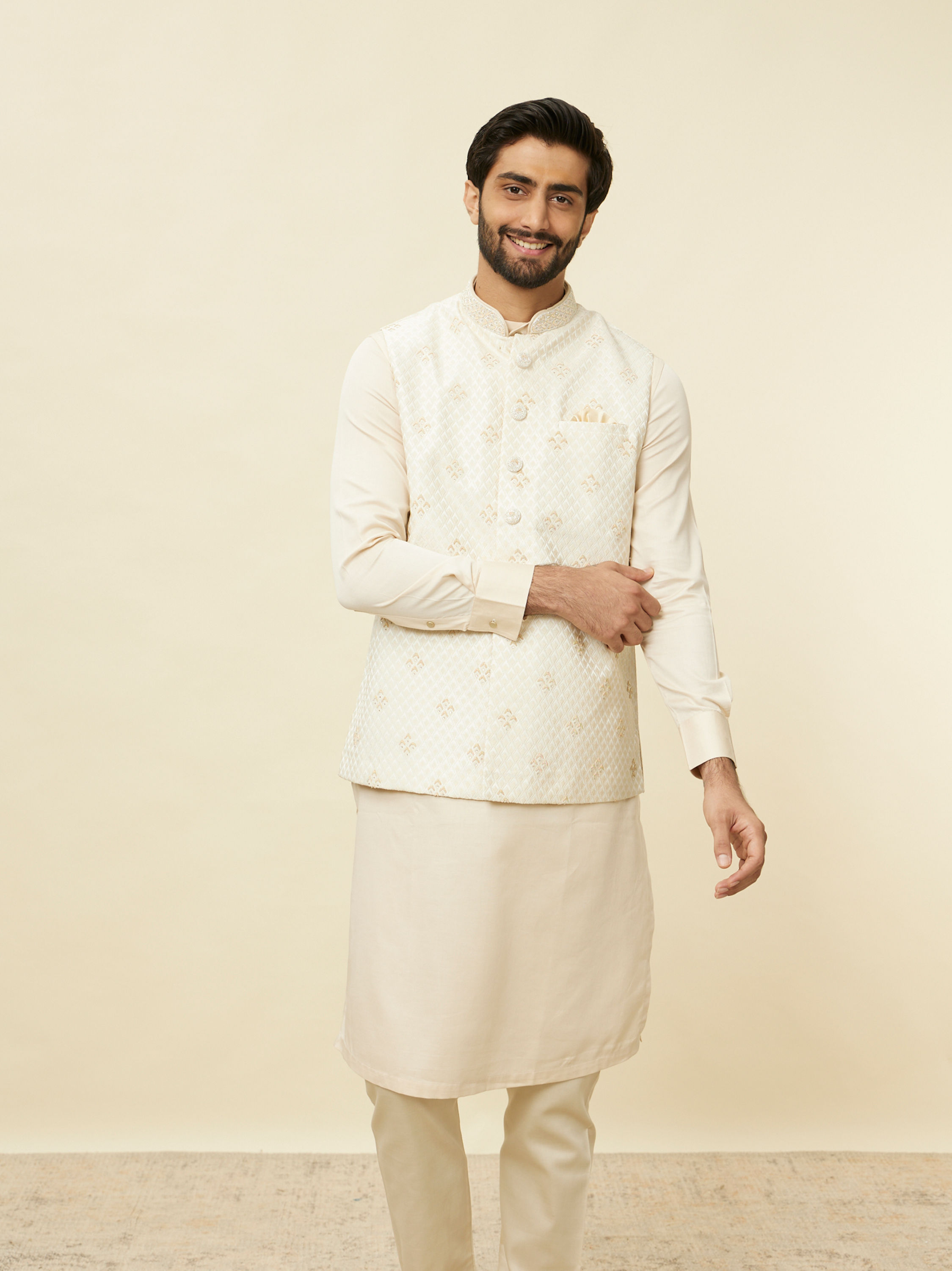 Manyavar Men Sand Beige Argyle Patterned Jacket