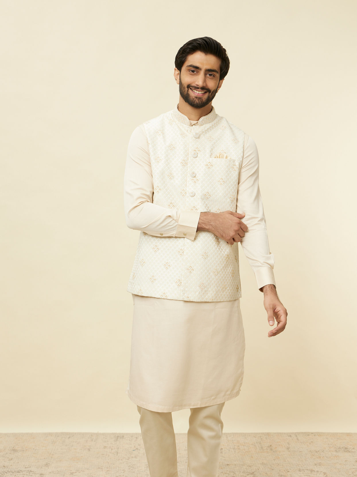 Manyavar Men Sand Beige Argyle Patterned Jacket