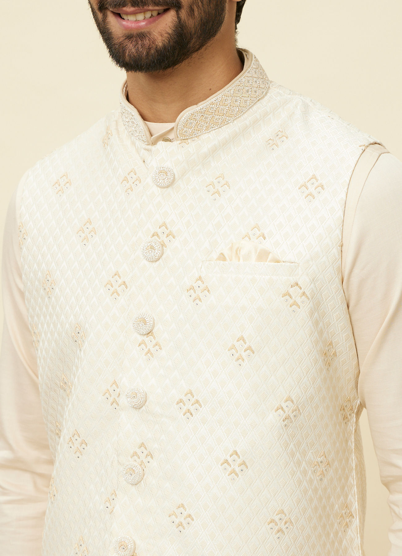 Manyavar Men Sand Beige Argyle Patterned Jacket