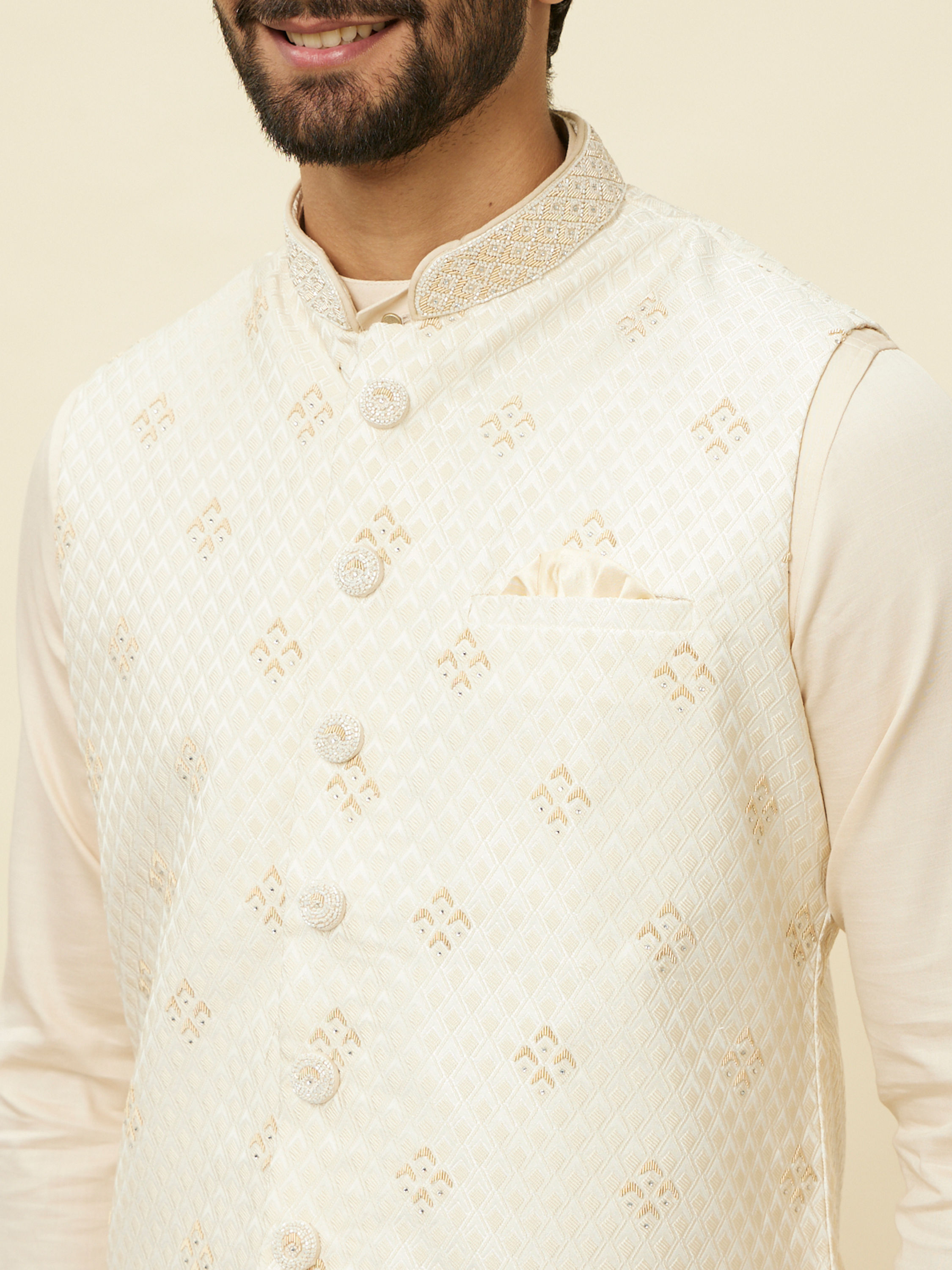 Manyavar Men Sand Beige Argyle Patterned Jacket