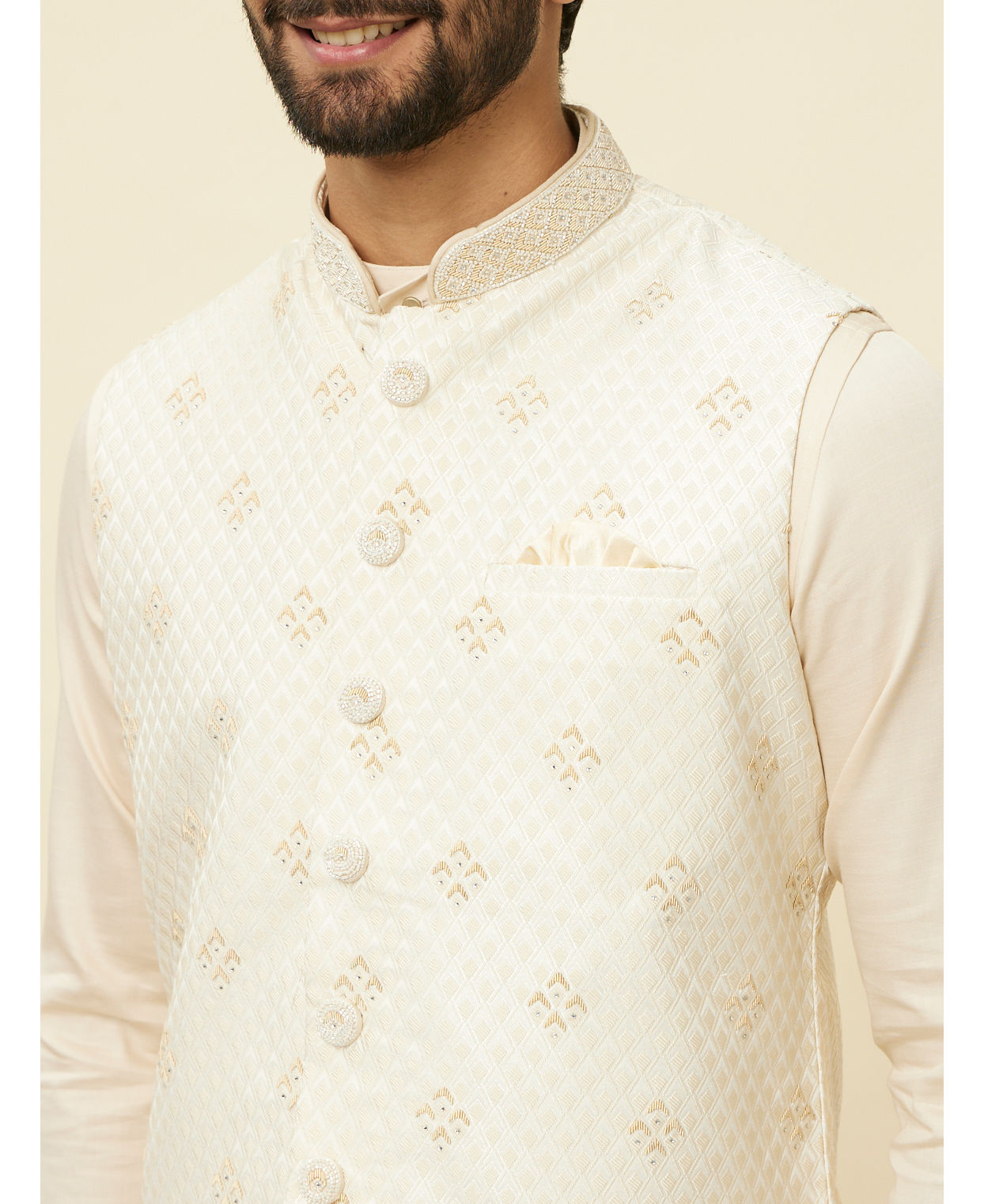 Manyavar Men Sand Beige Argyle Patterned Jacket