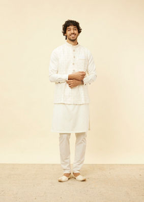 alt message - Manyavar Men Warm White Lattice Patterned Sequinned Jacket image number 2