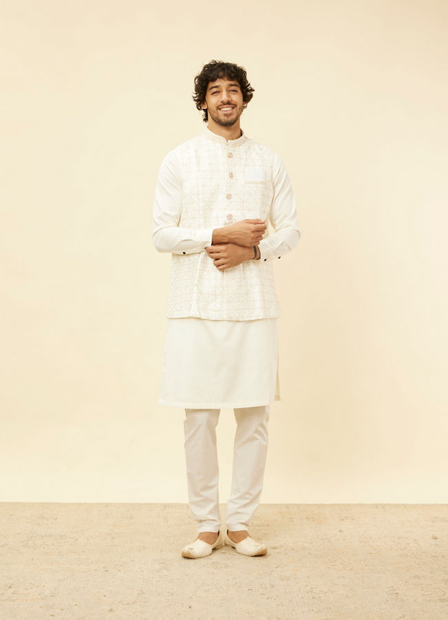 alt message - Manyavar Men Warm White Lattice Patterned Sequinned Jacket image number 2