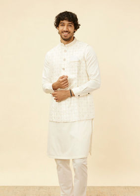 alt message - Manyavar Men Warm White Lattice Patterned Sequinned Jacket