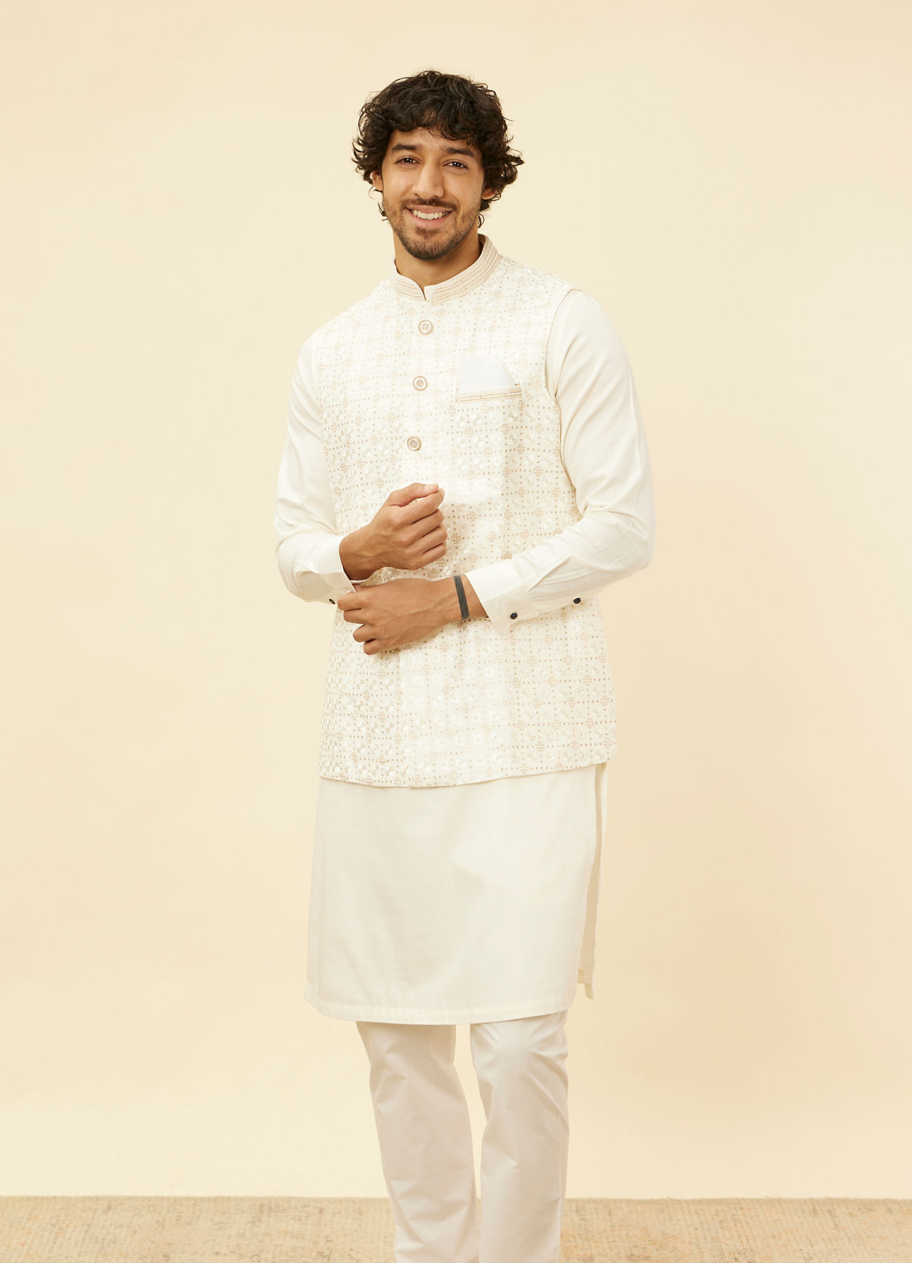 Manyavar Men Warm White Lattice Patterned Sequinned Jacket