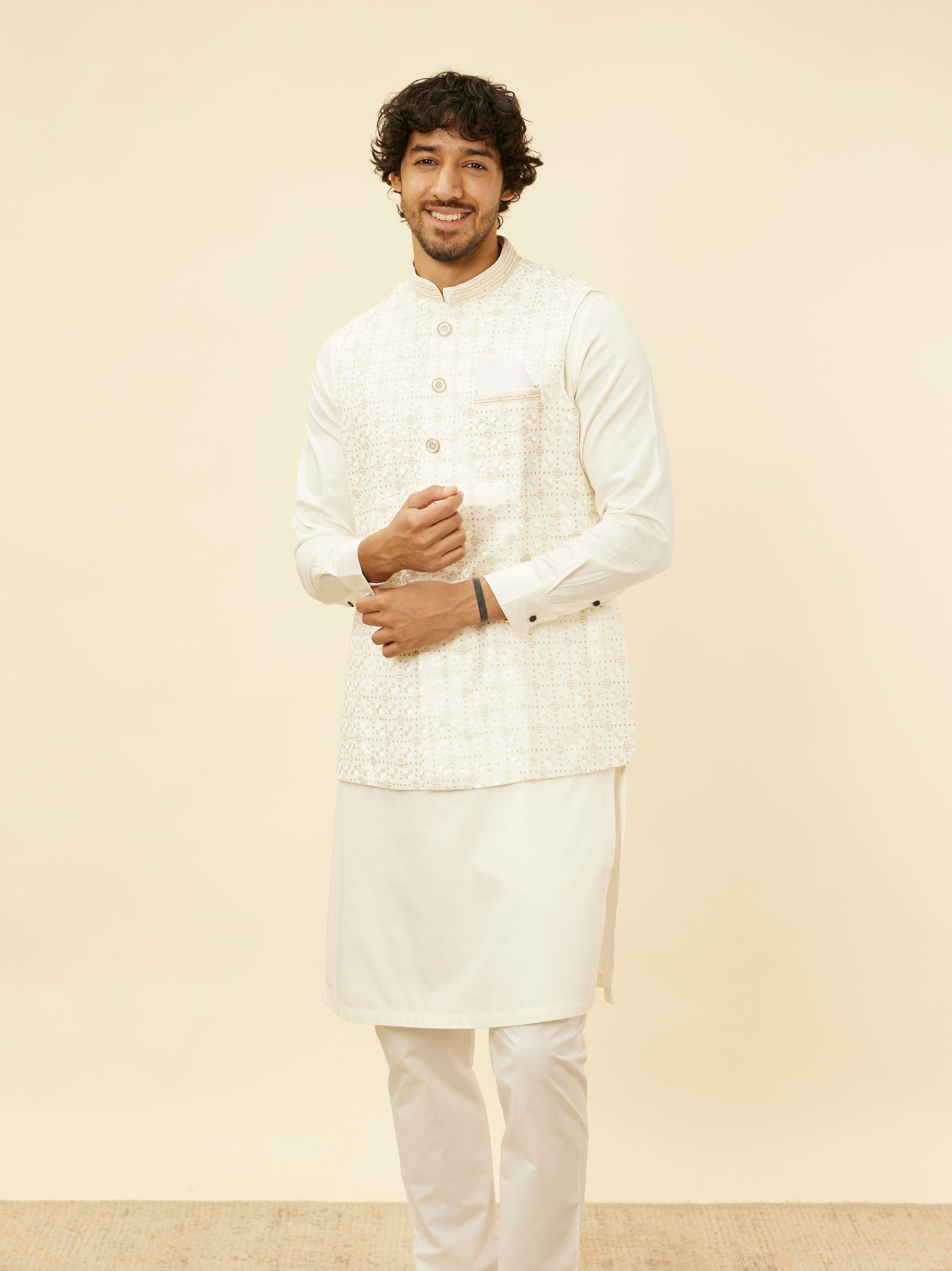 Manyavar Men Warm White Lattice Patterned Sequinned Jacket