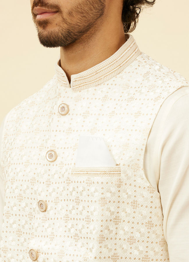 alt message - Manyavar Men Warm White Lattice Patterned Sequinned Jacket image number 1