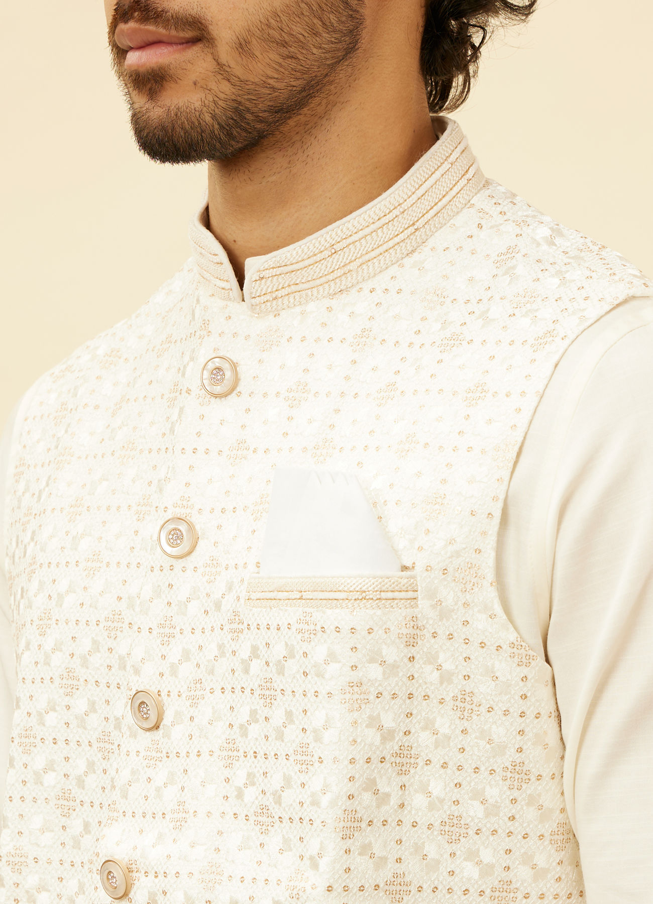 Manyavar Men Warm White Lattice Patterned Sequinned Jacket