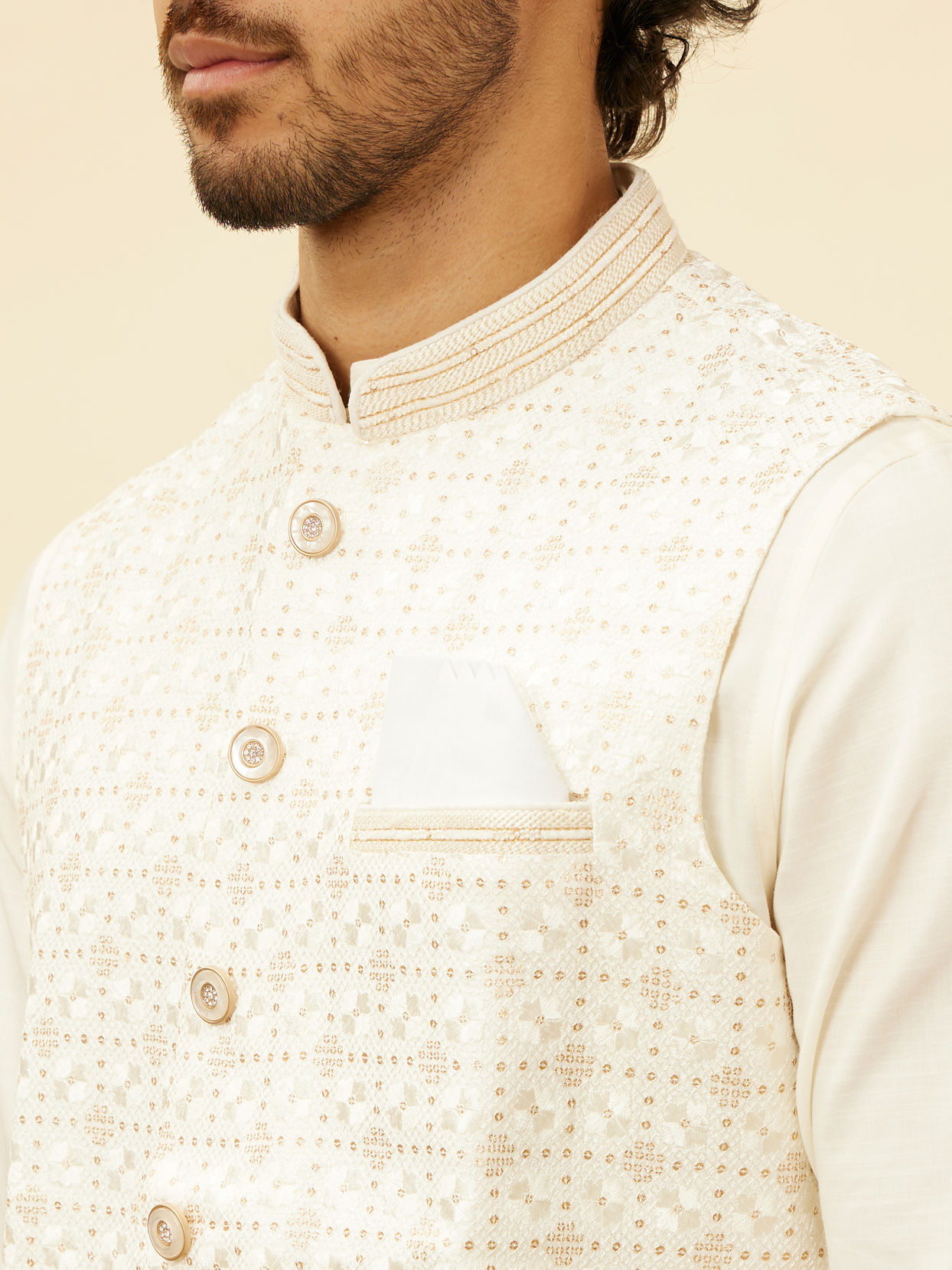 alt message - Manyavar Men Warm White Lattice Patterned Sequinned Jacket image number 1