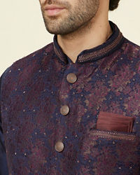 Manyavar Men Midnight Blue Floral Pattern Jacket