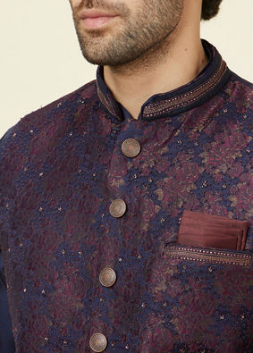 Manyavar Men Midnight Blue Floral Pattern Jacket image number 1