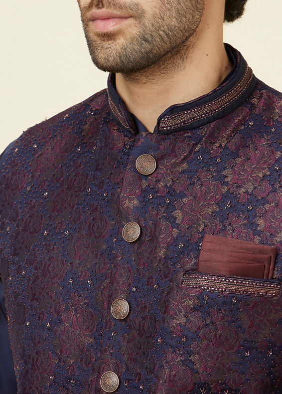 Manyavar Men Midnight Blue Floral Pattern Jacket