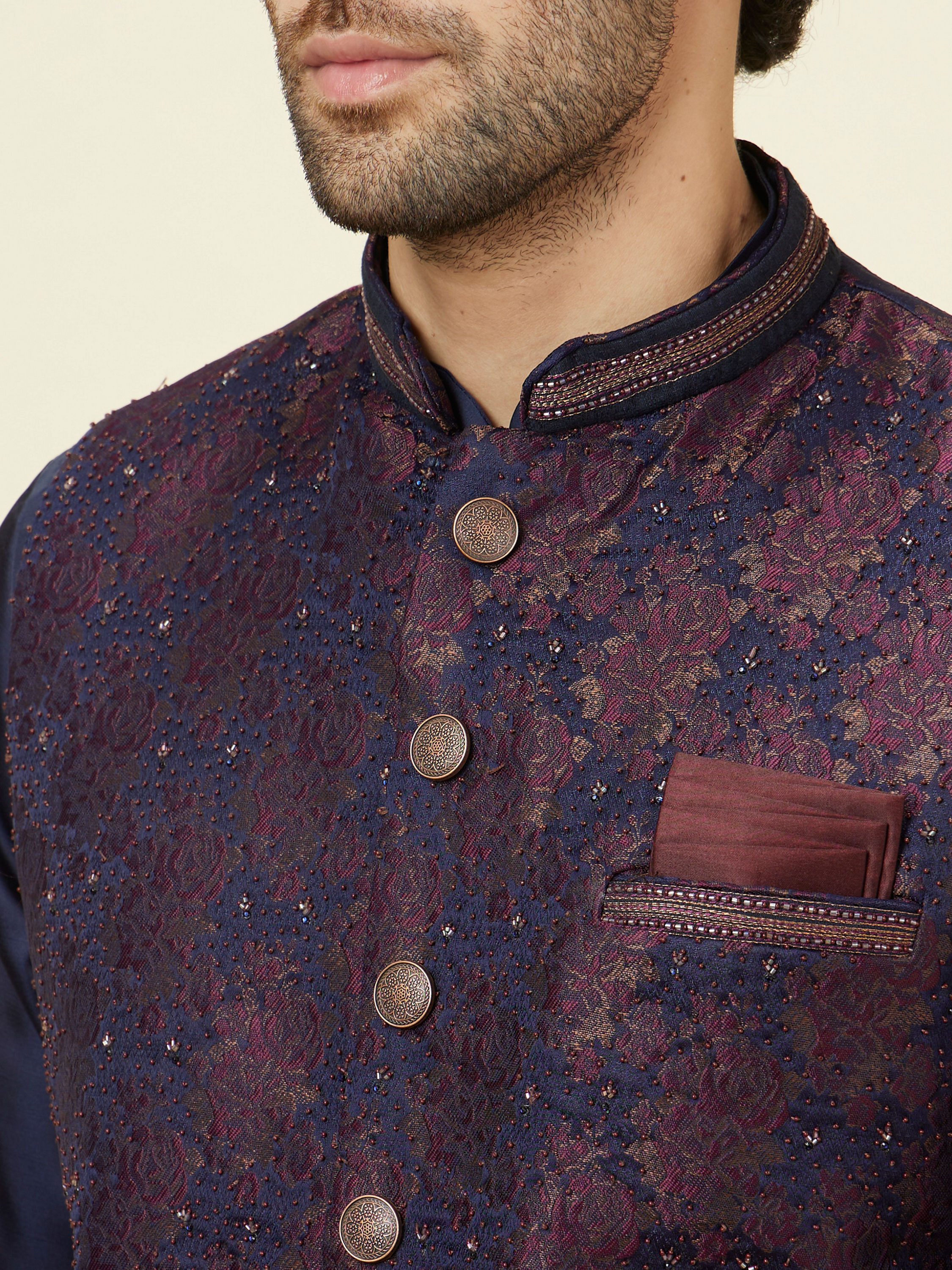 Manyavar Men Midnight Blue Floral Pattern Jacket