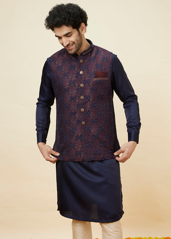 alt message - Manyavar Men Midnight Blue Floral Pattern Jacket