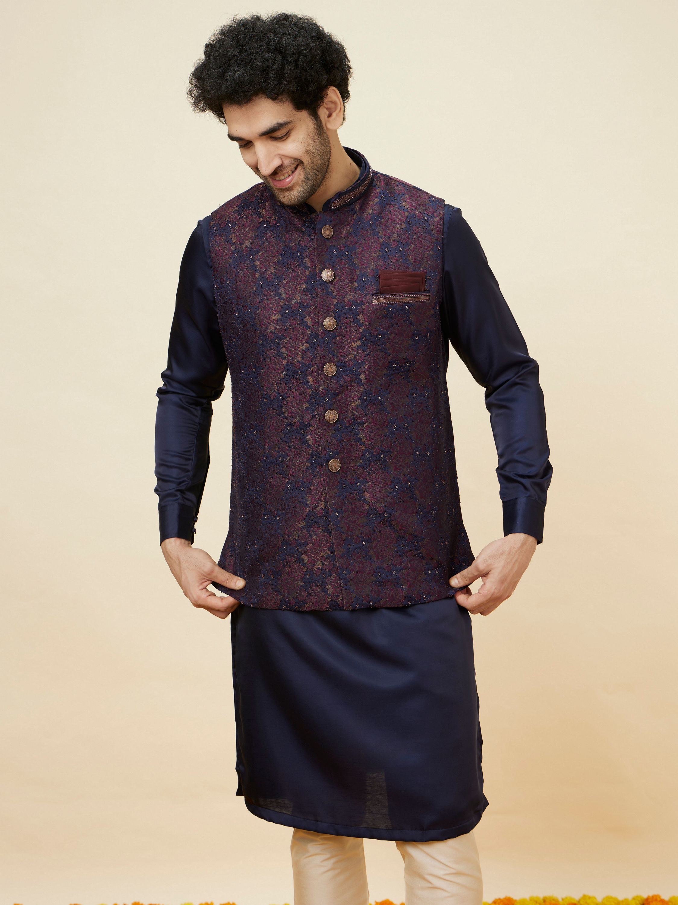 Manyavar Men Midnight Blue Floral Pattern Jacket