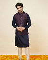 alt message - Manyavar Men Midnight Blue Floral Pattern Jacket image number 2