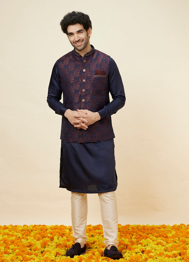 Manyavar Men Midnight Blue Floral Pattern Jacket