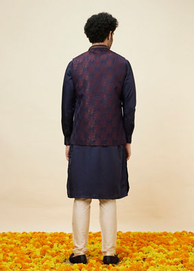 Manyavar Men Midnight Blue Floral Pattern Jacket image number 3