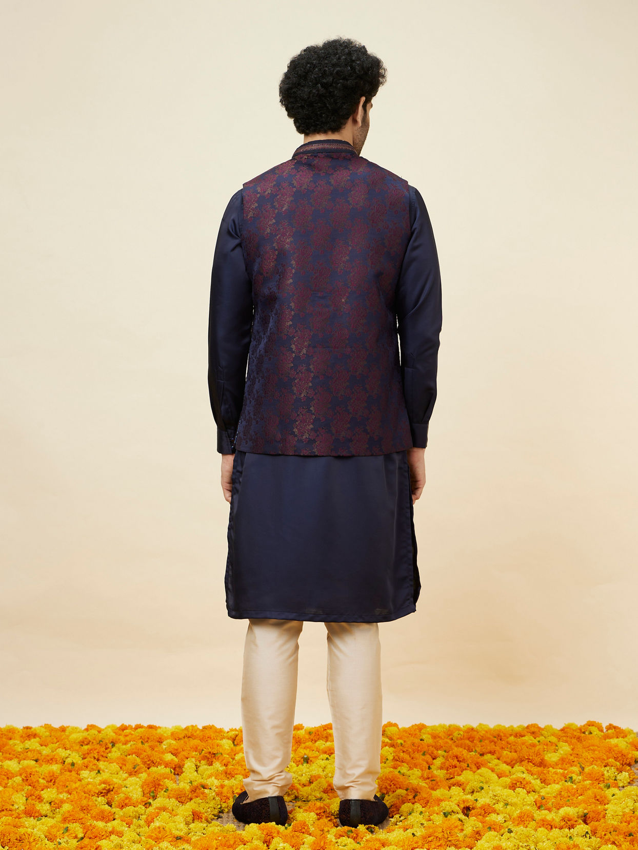 Manyavar Men Midnight Blue Floral Pattern Jacket