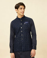 Manyavar Men Sapphire Blue Diamond Patterned Jacket