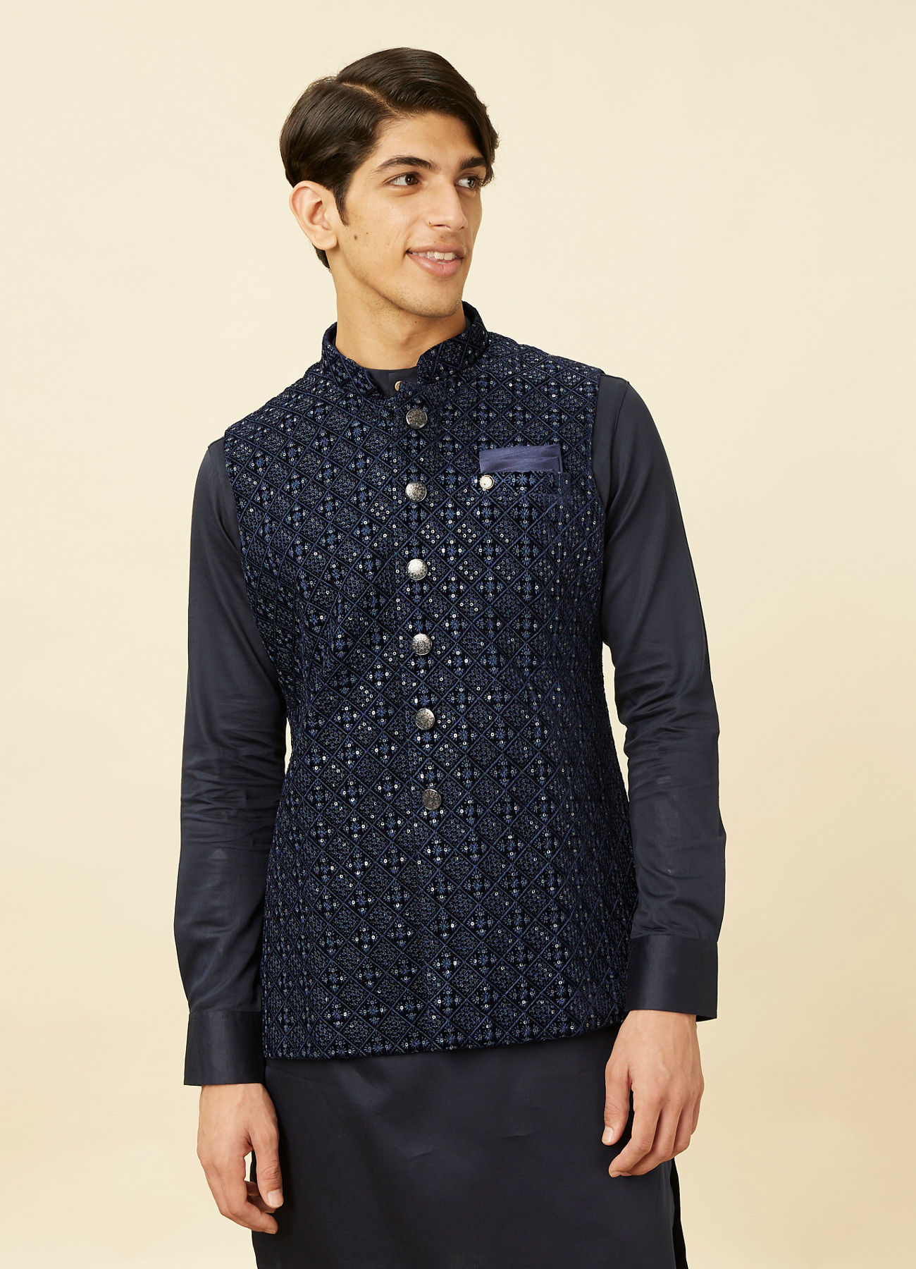 Manyavar Men Sapphire Blue Diamond Patterned Jacket