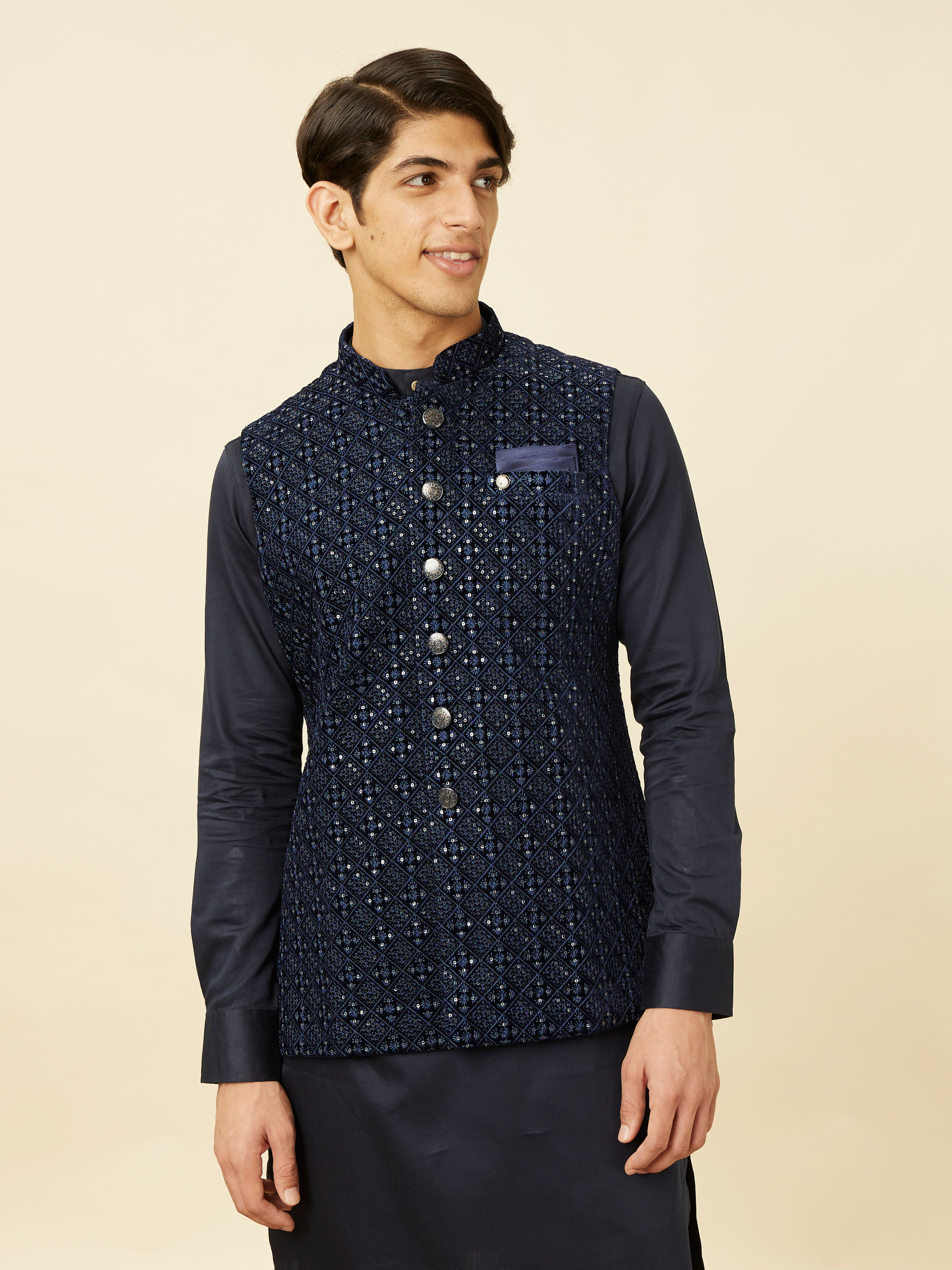 Manyavar Men Sapphire Blue Diamond Patterned Jacket