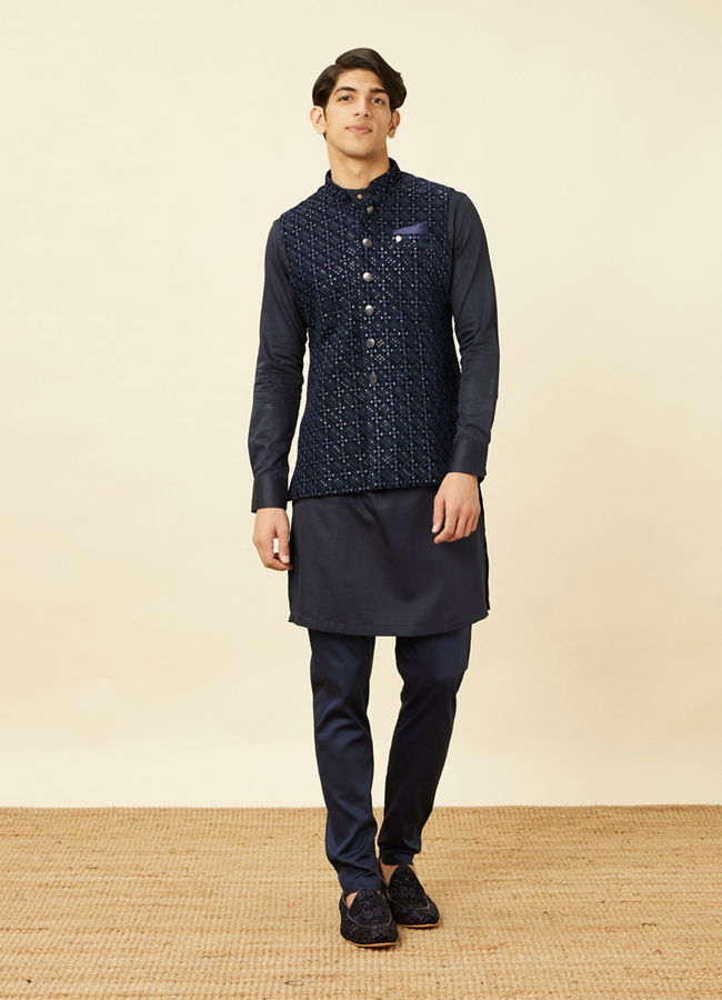 Manyavar Men Sapphire Blue Diamond Patterned Jacket