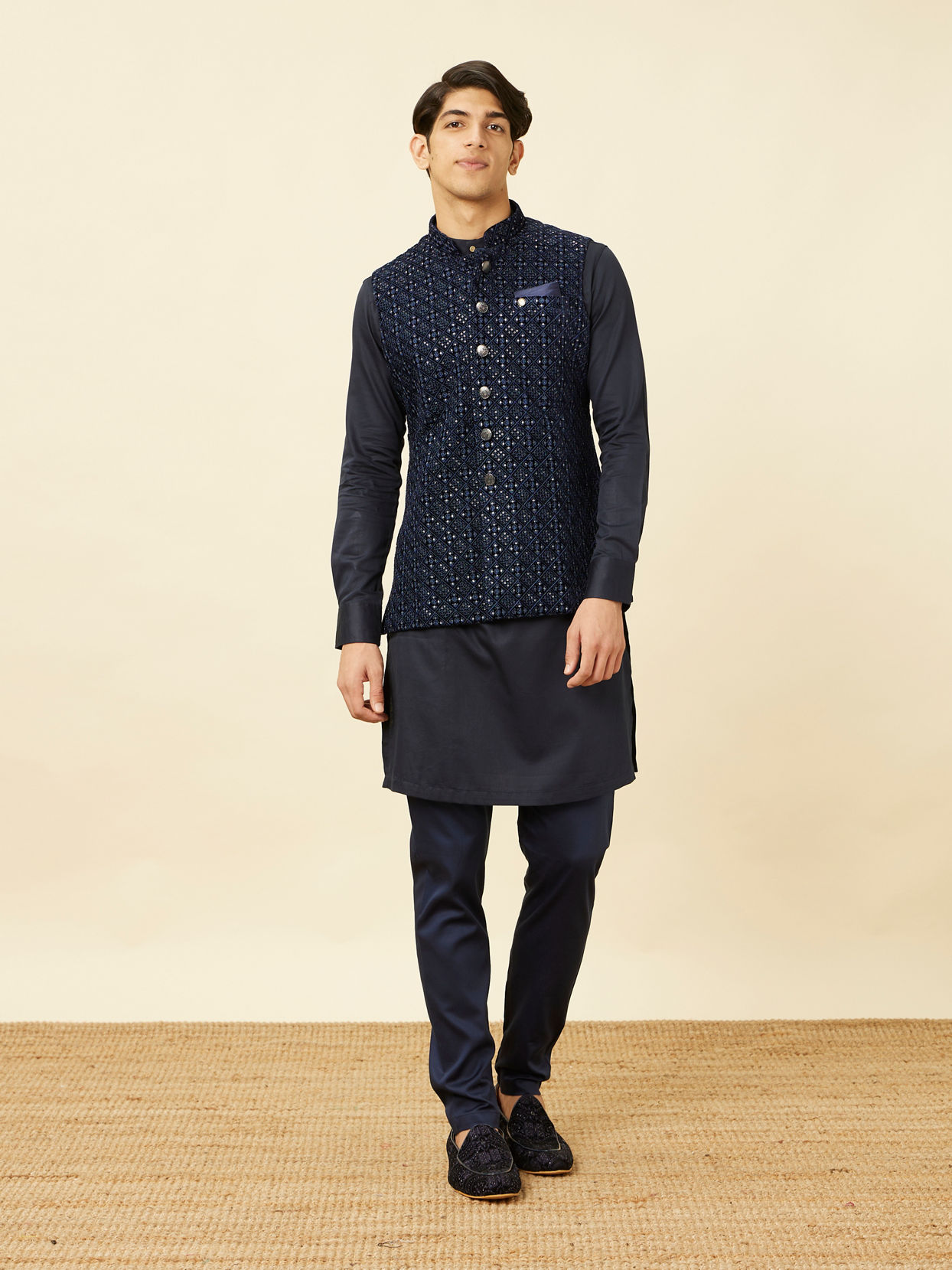 alt message - Manyavar Men Sapphire Blue Diamond Patterned Jacket image number 2