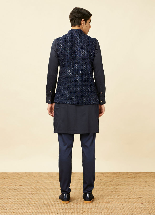 Manyavar Men Sapphire Blue Diamond Patterned Jacket
