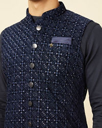 Manyavar Men Sapphire Blue Diamond Patterned Jacket