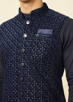 alt message - Manyavar Men Sapphire Blue Diamond Patterned Jacket image number 1