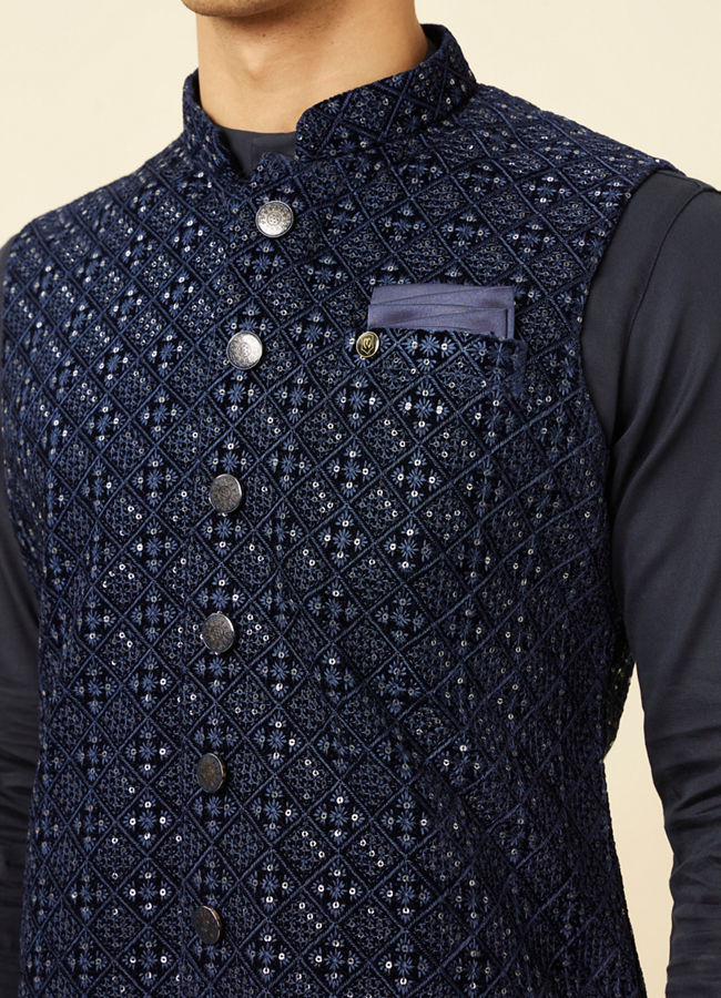 alt message - Manyavar Men Sapphire Blue Diamond Patterned Jacket image number 1