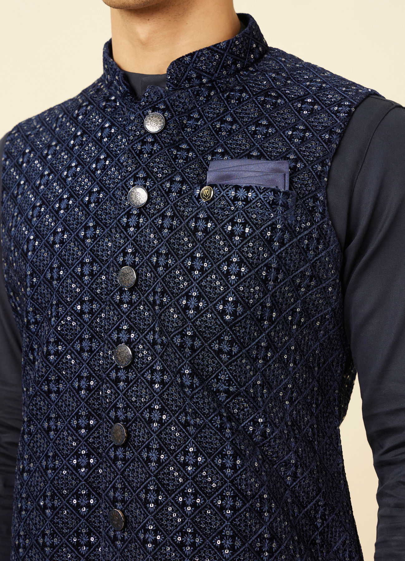 Manyavar Men Sapphire Blue Diamond Patterned Jacket