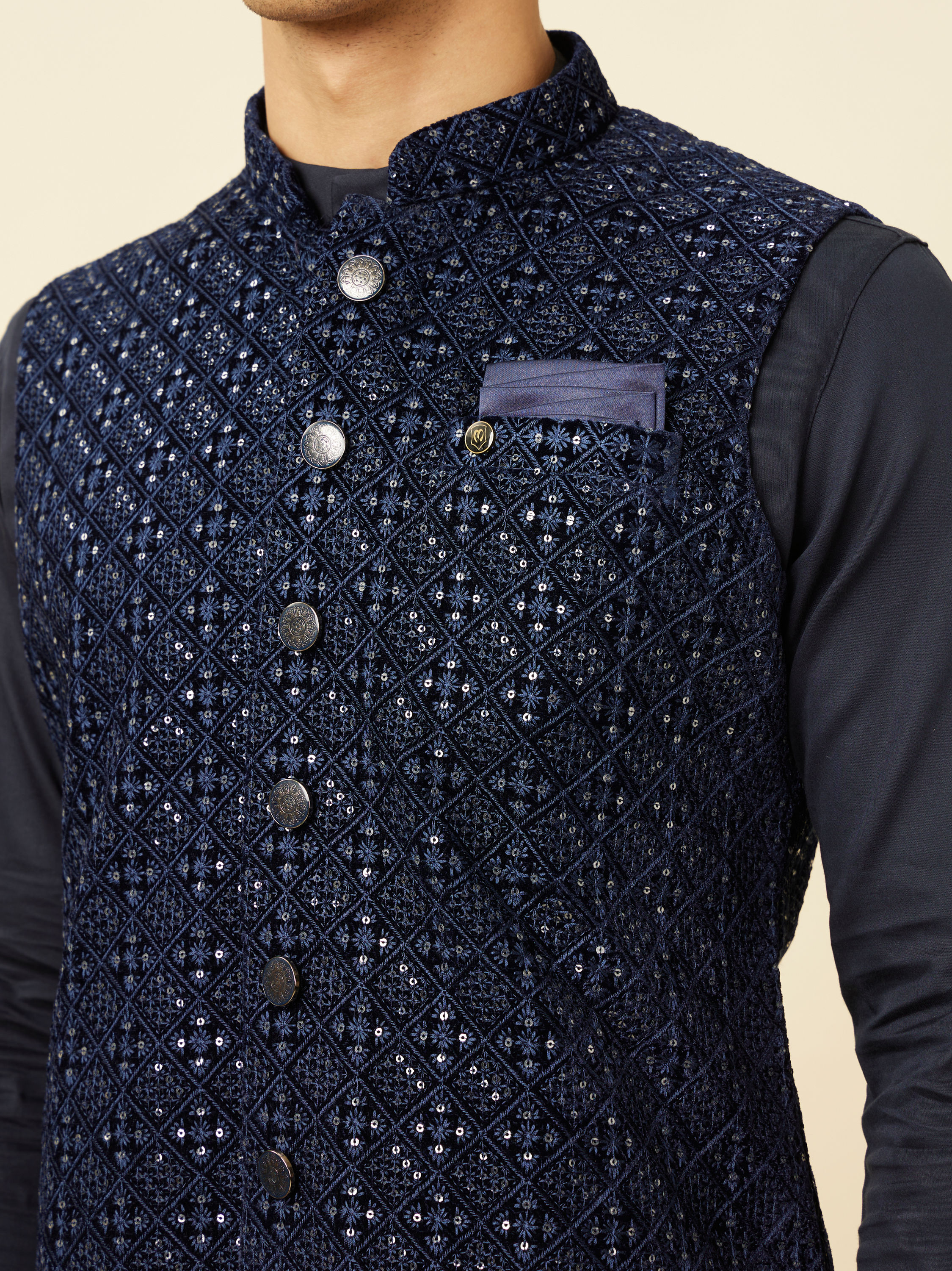 Manyavar Men Sapphire Blue Diamond Patterned Jacket