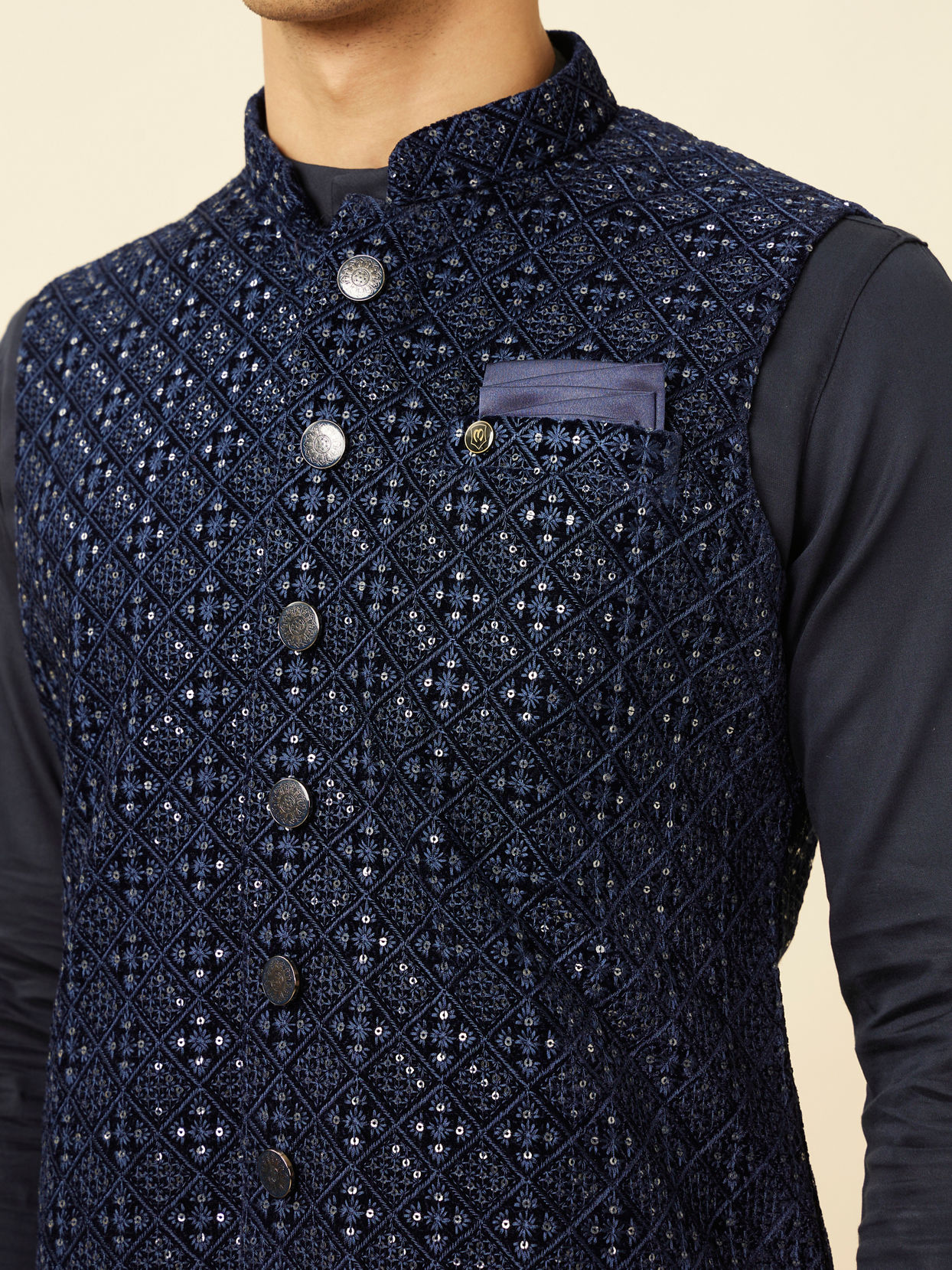 alt message - Manyavar Men Sapphire Blue Diamond Patterned Jacket image number 1