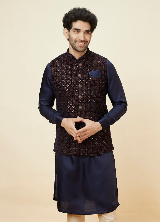 alt message - Manyavar Men Deep Blue Sequined Jacket image number 0